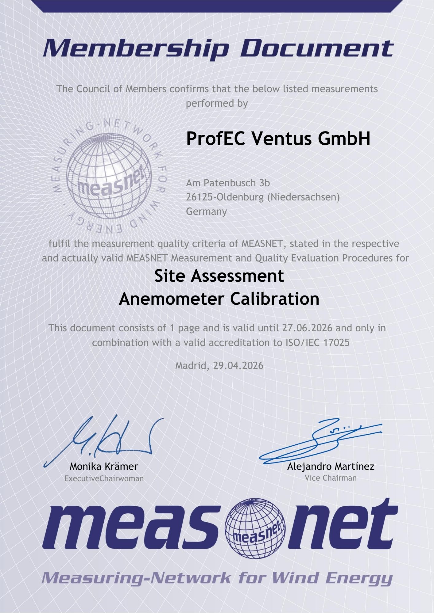 MEASNET Membership Certificate 2026