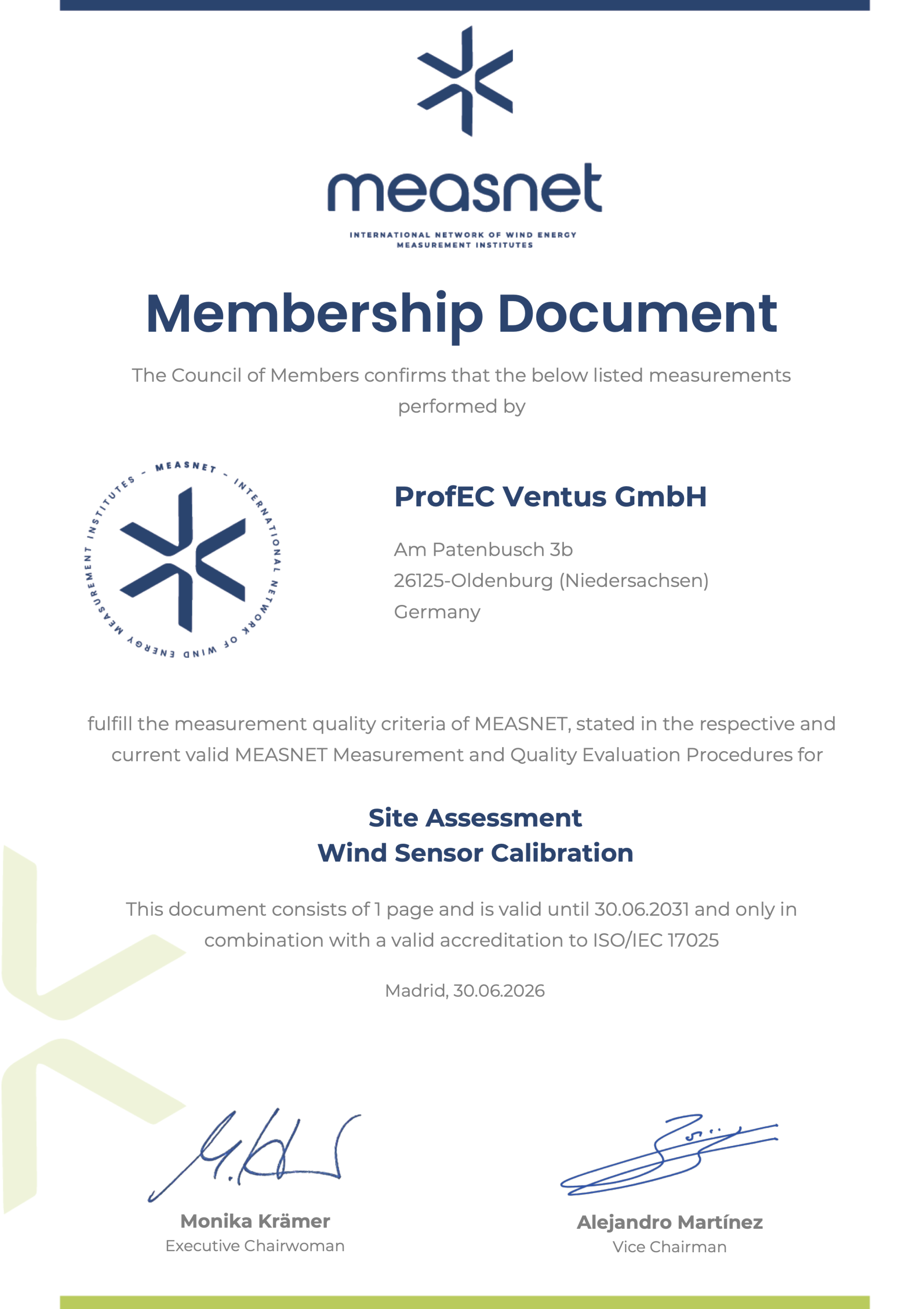 MEASNET Membership Certificate 2026